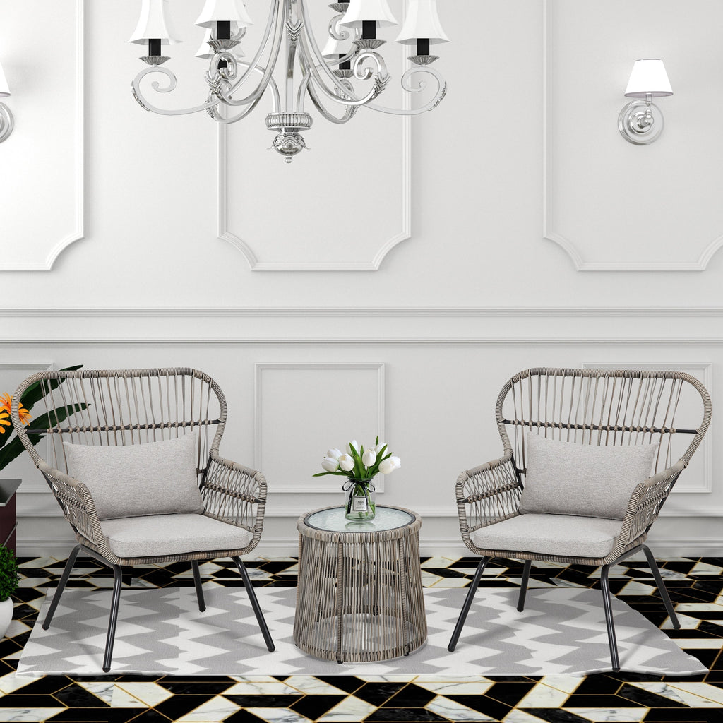 3-teiliges Bistro-Set aus Rattan für den Außenbereich, wetterfeste Rattanmöbel, Terrassenstühle mit Kissen