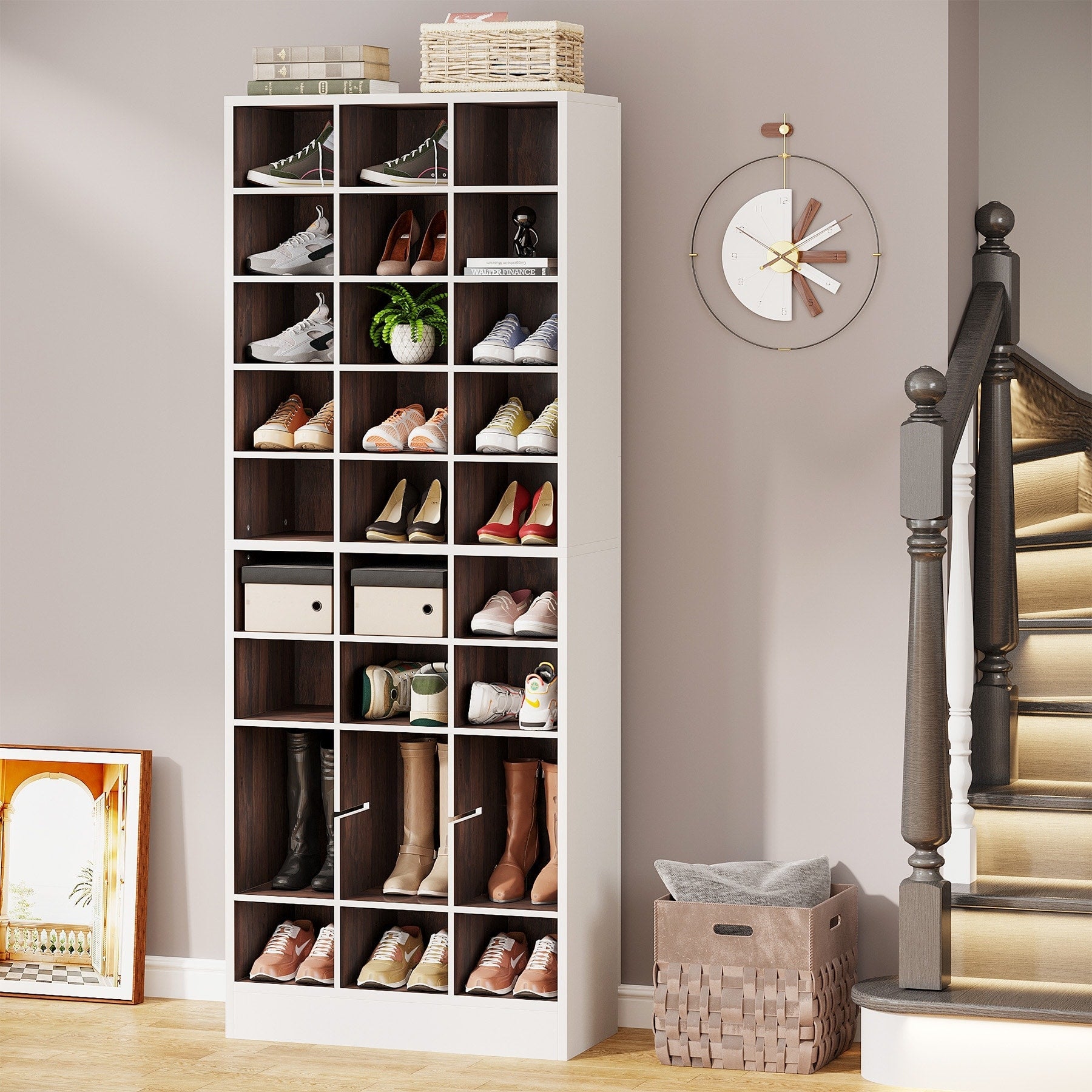 Hoher Schuhschrank für 30 Paar Schuhe, 10-stöckiges weißes Schuhregal aus Holz für Kleiderschrank und Eingangsbereich – 10-stöckig