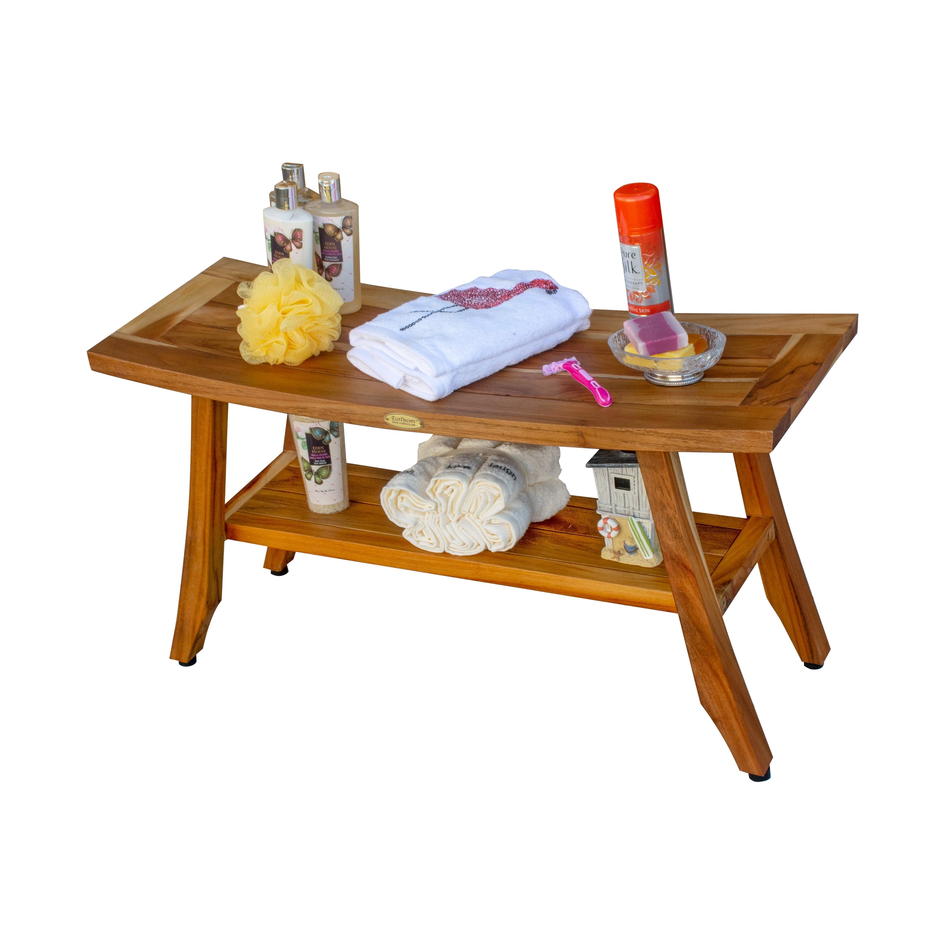 EcoDecors Satori 86 cm (34 Zoll) Duschbank aus Teakholz, Holzbank, Badezimmerbank, Duschsitz für Erwachsene, Duschhocker aus Teakholz