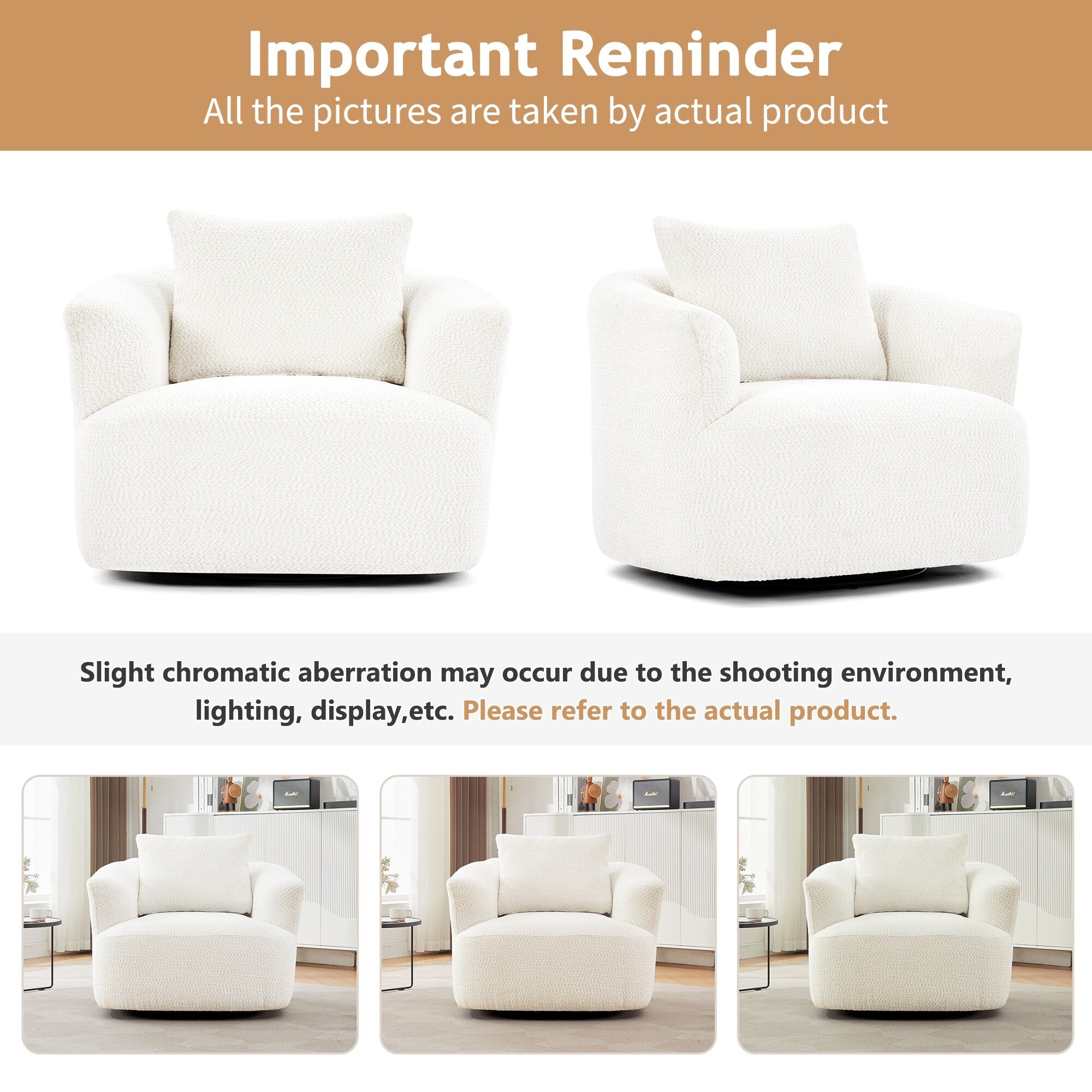 360°-Drehsessel, 38,2 cm breiter Bouclé-Akzentsessel mit Zierkissen, gepolsterter Sessel in Fassform mit geschwungenen Armlehnen