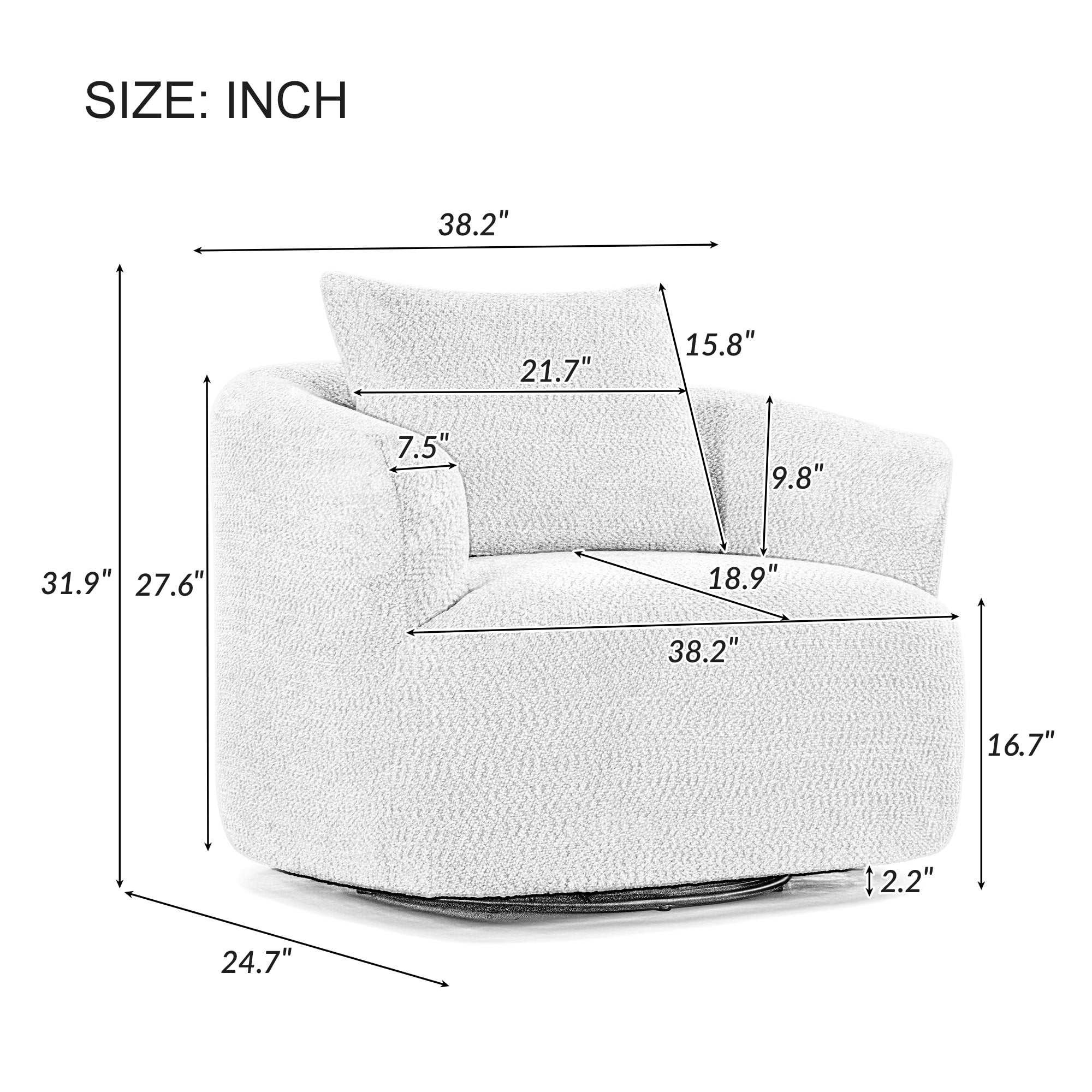 360°-Drehsessel, 38,2 cm breiter Bouclé-Akzentsessel mit Zierkissen, gepolsterter Sessel in Fassform mit geschwungenen Armlehnen