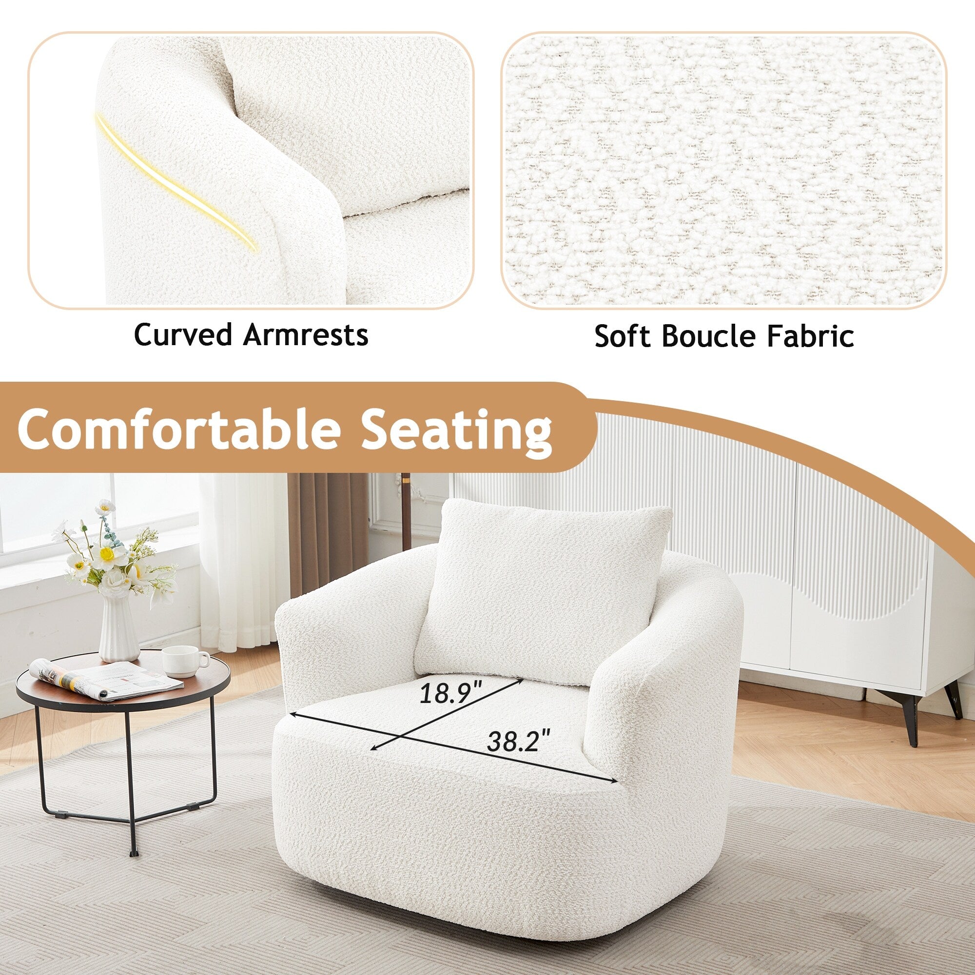 360°-Drehsessel, 38,2 cm breiter Bouclé-Akzentsessel mit Zierkissen, gepolsterter Sessel in Fassform mit geschwungenen Armlehnen