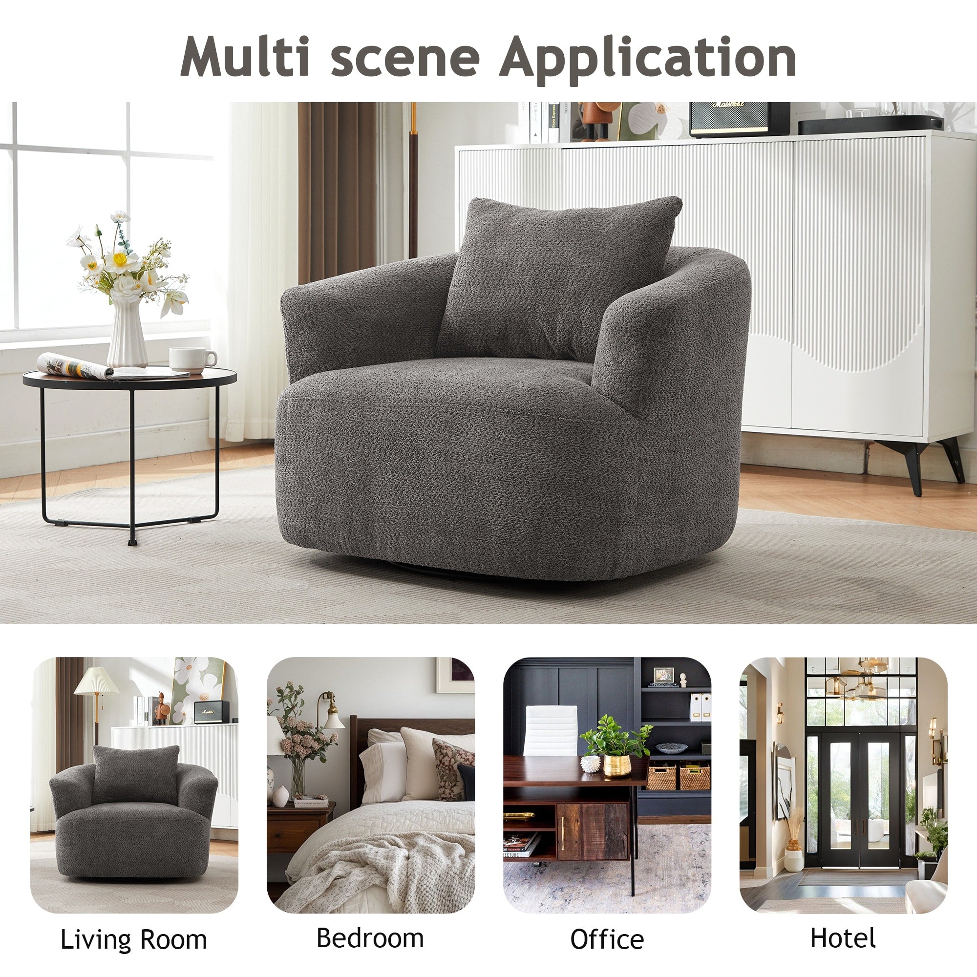 360°-Drehsessel, 38,2 cm breiter Bouclé-Akzentsessel mit Zierkissen, gepolsterter Sessel in Fassform mit geschwungenen Armlehnen