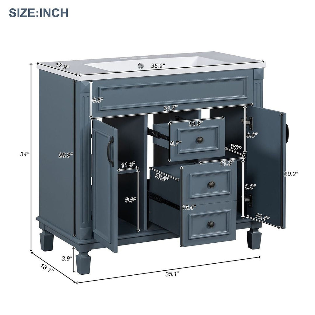 Moderner 36-Zoll-Waschtisch mit Aufsatzwaschbecken und Spiegelschrank, 2 Türen und 2 Schubladen