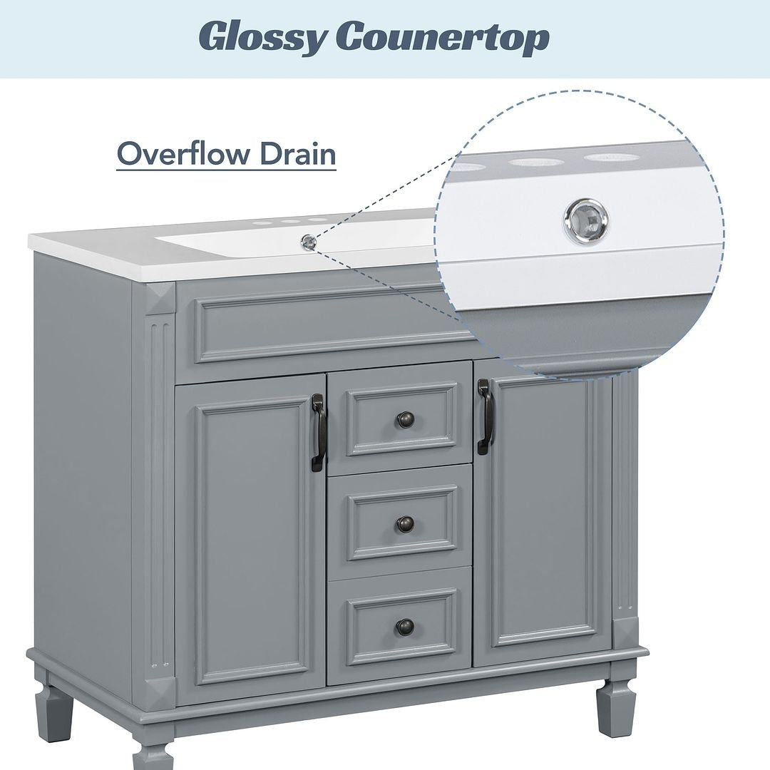 Moderner 36-Zoll-Waschtisch mit Aufsatzwaschbecken und Spiegelschrank, 2 Türen und 2 Schubladen