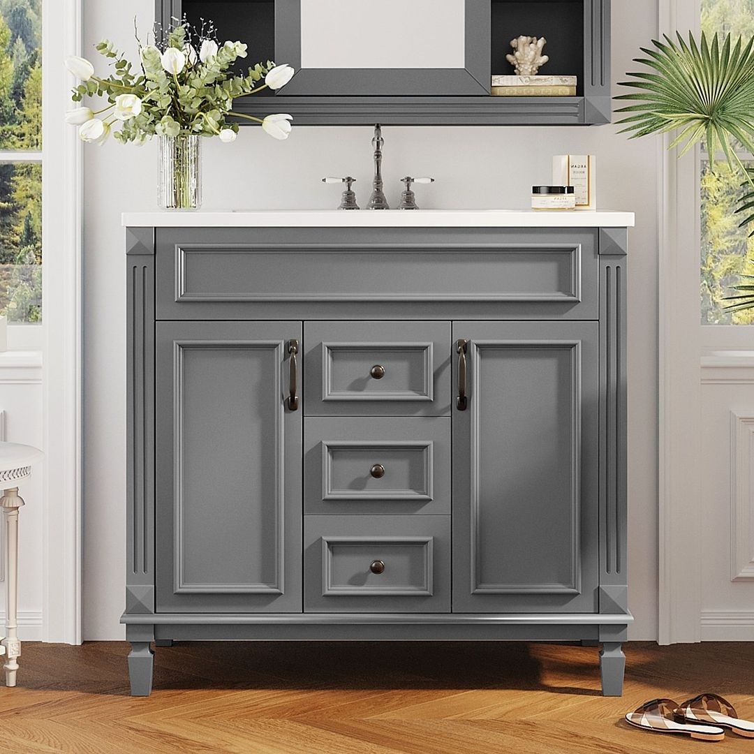 Moderner 36-Zoll-Waschtisch mit Aufsatzwaschbecken und Spiegelschrank, 2 Türen und 2 Schubladen