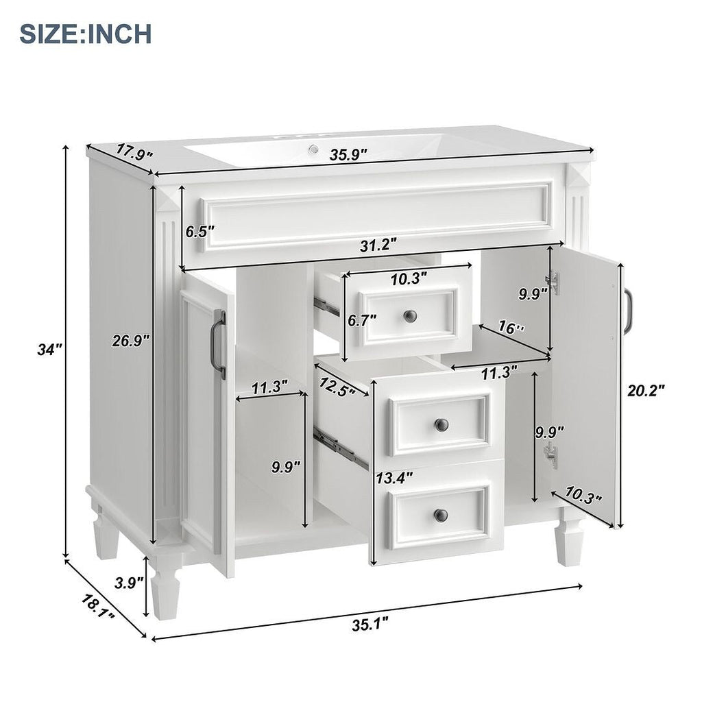 Moderner 36-Zoll-Waschtisch mit Aufsatzwaschbecken und Spiegelschrank, 2 Türen und 2 Schubladen