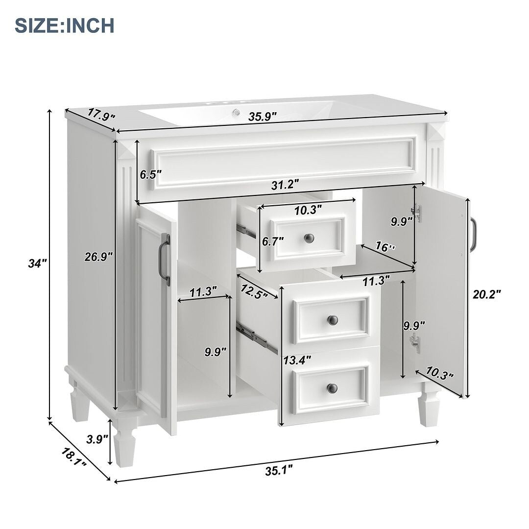 Moderner 36-Zoll-Waschtisch mit Aufsatzwaschbecken und Spiegelschrank, 2 Türen und 2 Schubladen