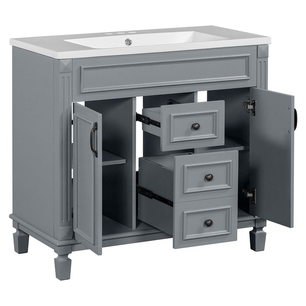 Moderner 36-Zoll-Waschtisch mit Aufsatzwaschbecken und Spiegelschrank, 2 Türen und 2 Schubladen