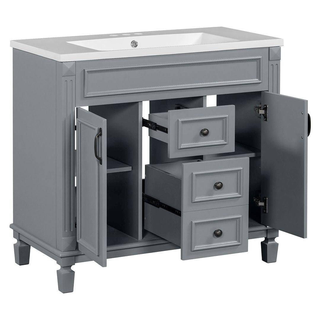 Moderner 36-Zoll-Waschtisch mit Aufsatzwaschbecken und Spiegelschrank, 2 Türen und 2 Schubladen