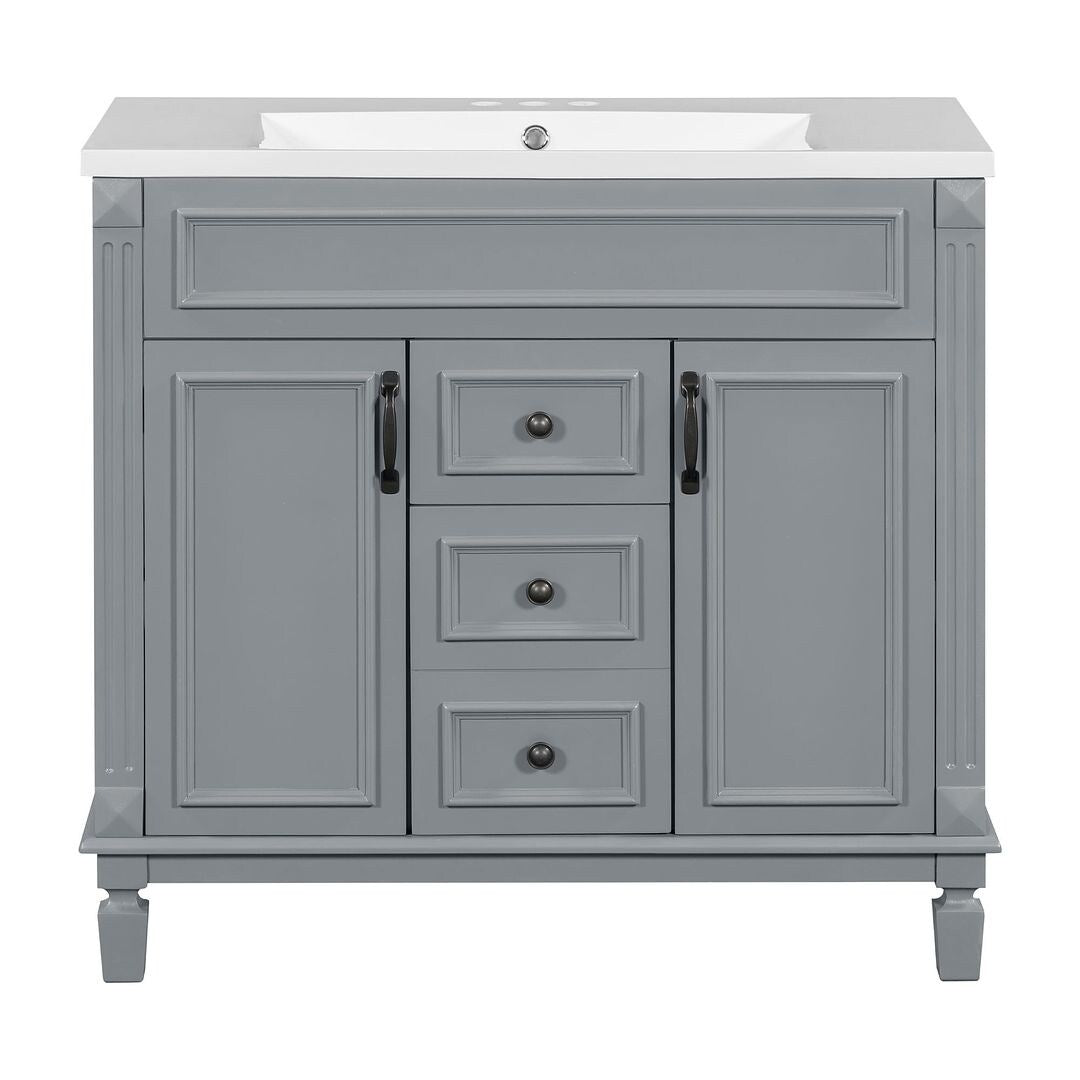 Moderner 36-Zoll-Waschtisch mit Aufsatzwaschbecken und Spiegelschrank, 2 Türen und 2 Schubladen