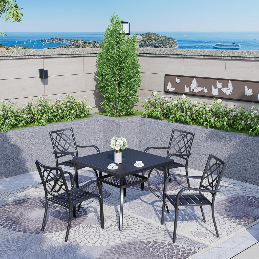Rechteckiger 60 x 37 cm großer Esstisch aus Metalllatten für die Terrasse mit Sonnenschirmloch für 6 Personen