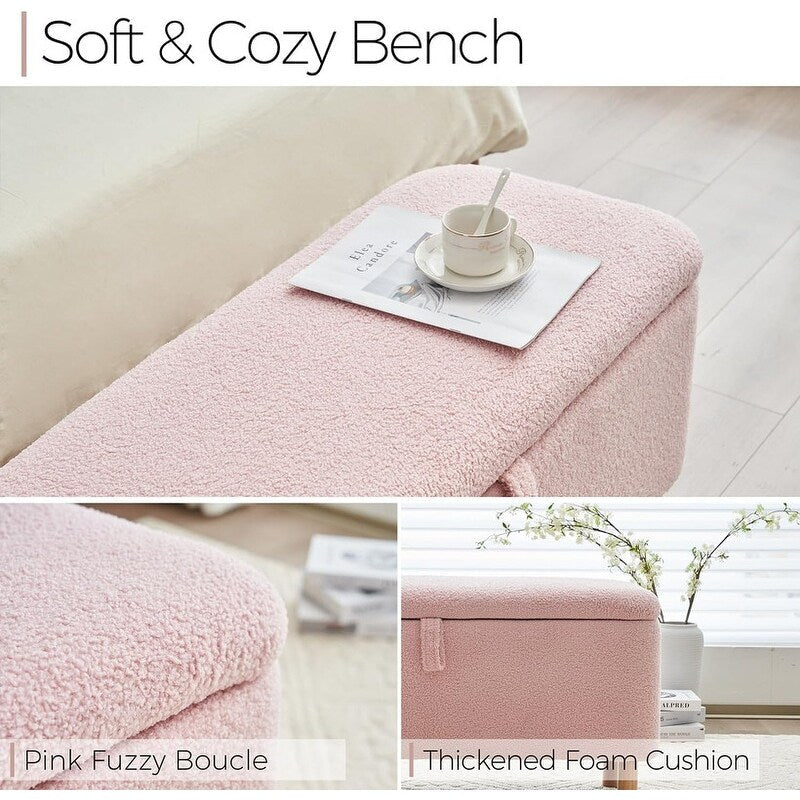 39,5 cm große, cremeweiße Bouclé-Aufbewahrungsbank mit Sherpa-Fleece, auch als Fußstütze oder Betthocker geeignet, für Wohnzimmer und Schlafzimmer, mit Holzbeinen