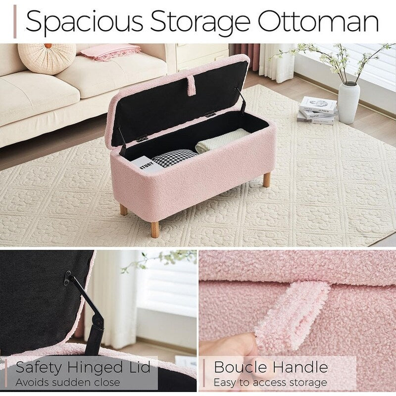 39,5 cm große, cremeweiße Bouclé-Aufbewahrungsbank mit Sherpa-Fleece, auch als Fußstütze oder Betthocker geeignet, für Wohnzimmer und Schlafzimmer, mit Holzbeinen