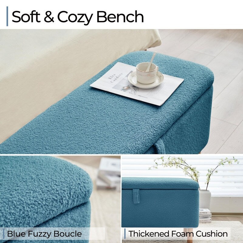 39,5 cm große, cremeweiße Bouclé-Aufbewahrungsbank mit Sherpa-Fleece, auch als Fußstütze oder Betthocker geeignet, für Wohnzimmer und Schlafzimmer, mit Holzbeinen