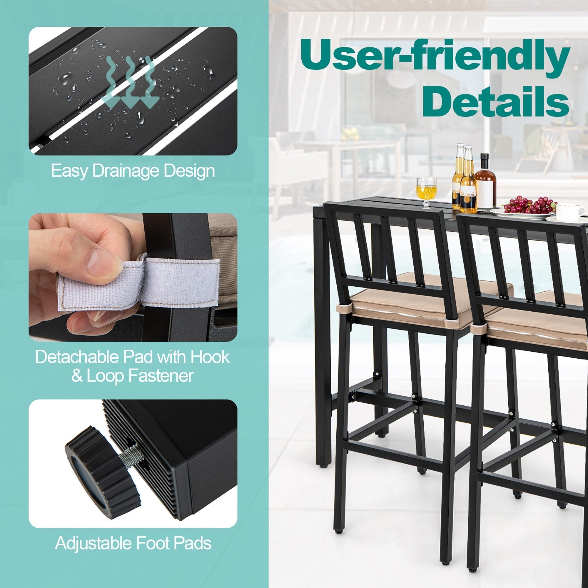 3-teiliges Terrassen-Essset: Metalltisch und Stühle mit Kissen