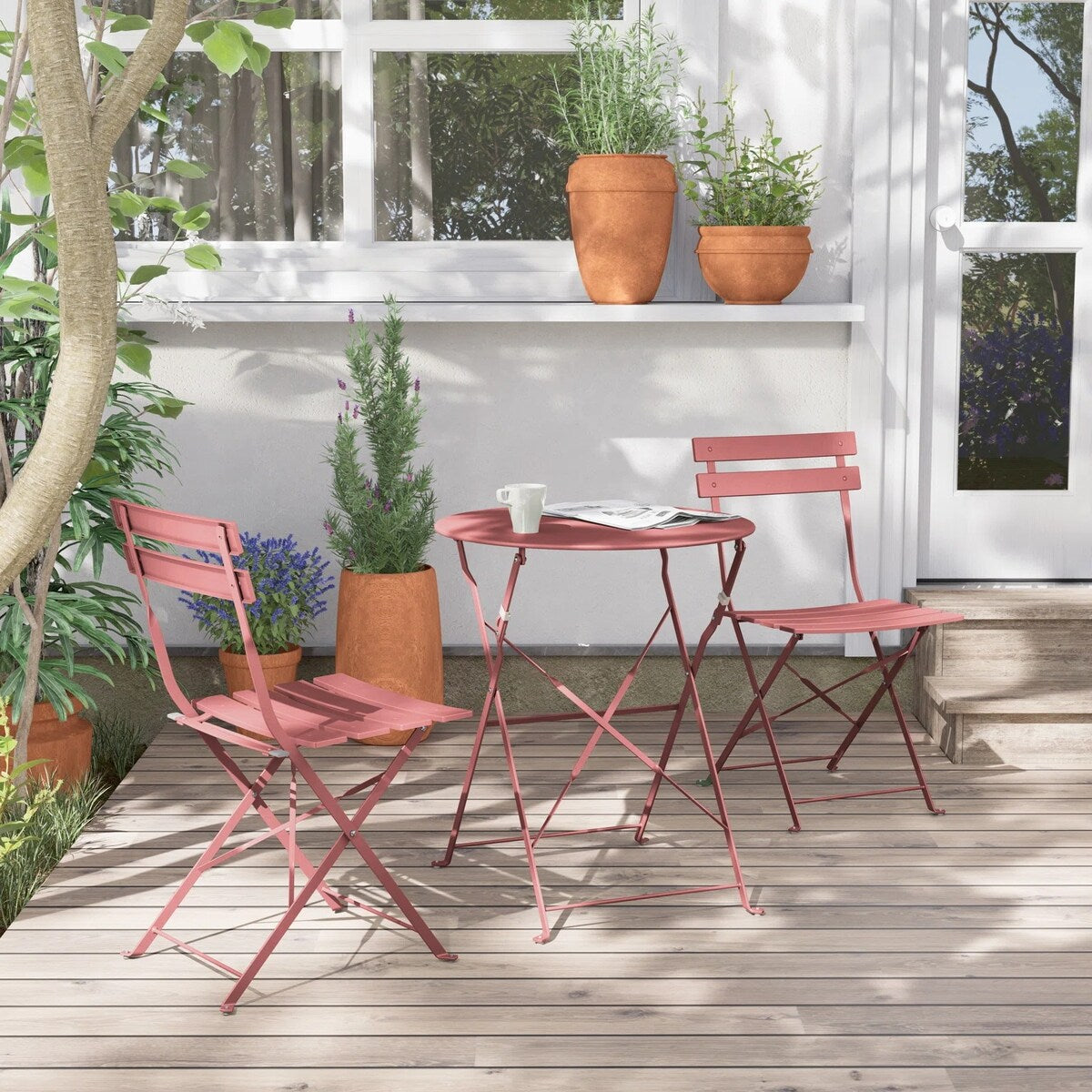3-teiliges, klappbares Bistro-Set aus Metall, wetterbeständiges Sitzset für drinnen und draußen, für Terrasse, Garten