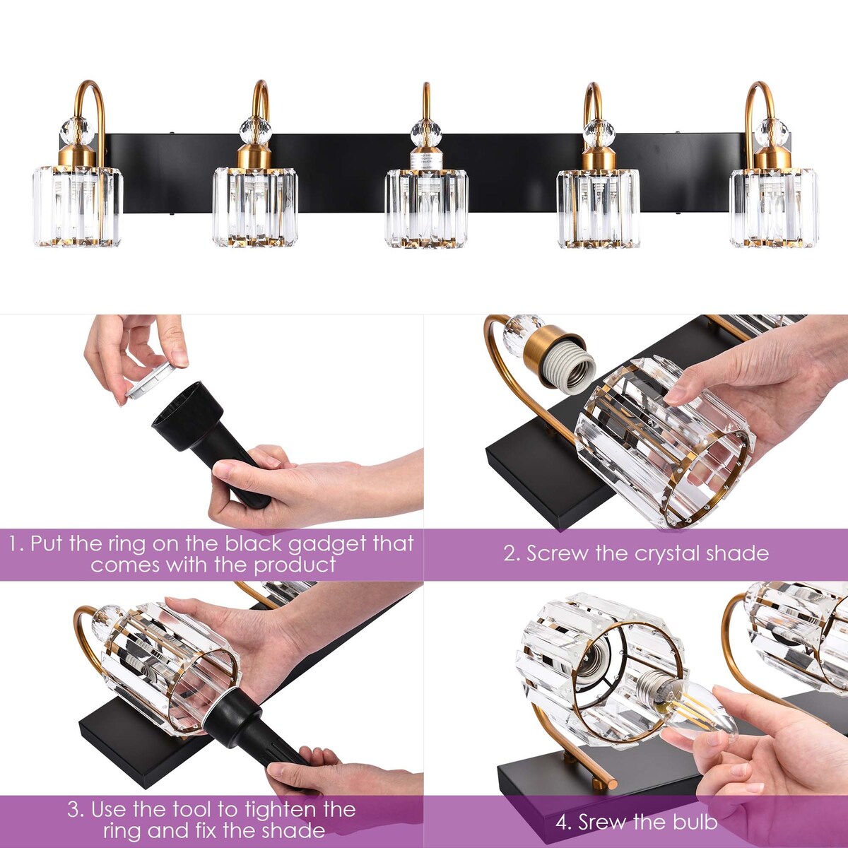 Moderne Spiegelbeleuchtung aus Chrom/Schwarz/Gold mit Kristalloptik für Badezimmer und WC, Wandleuchten, Waschtischleuchten