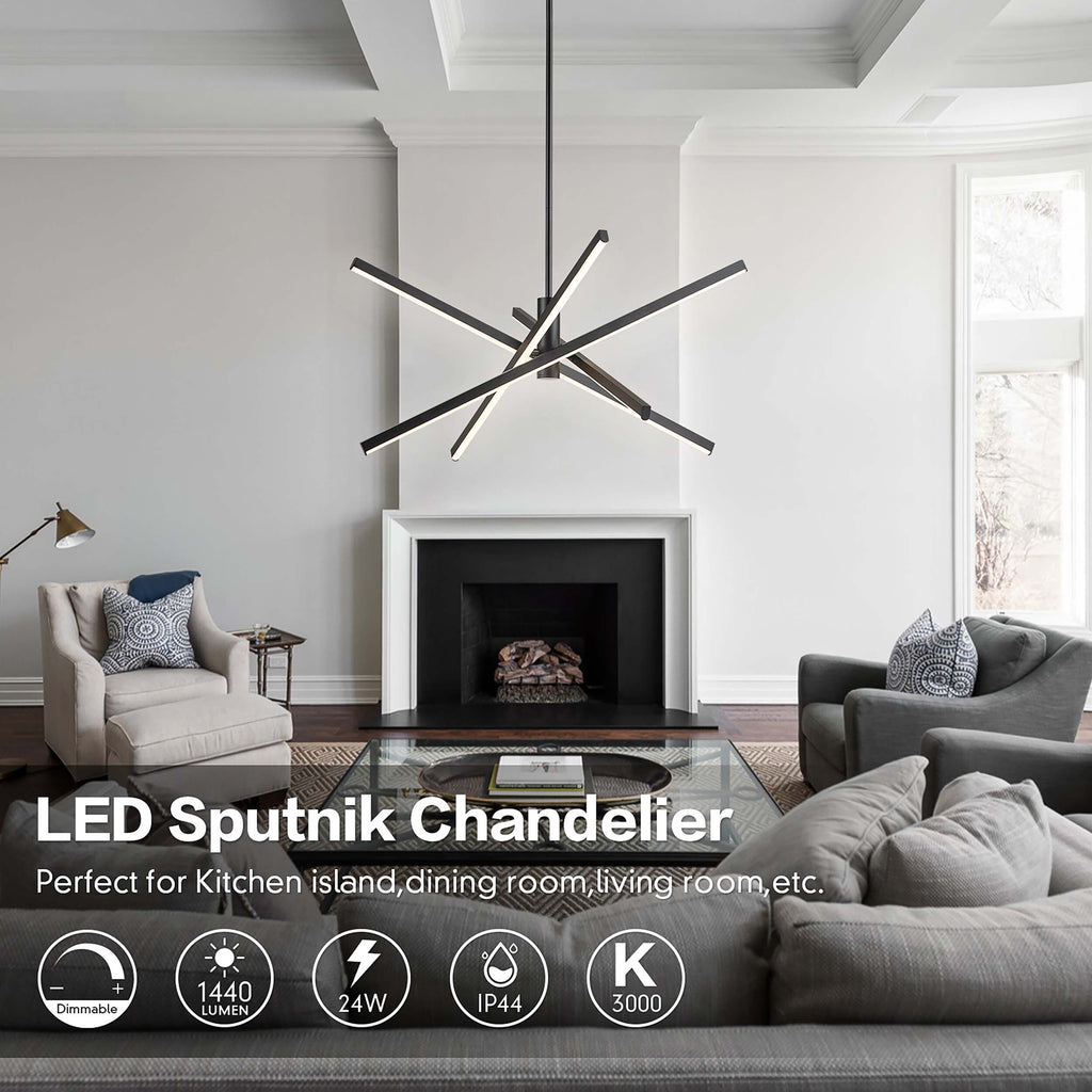 Moderne LED-Kronleuchter-Pendelleuchte aus schwarzem/goldenem Aluminium im linearen Sputnik-Stil für Wohn-/Esszimmer/Küche