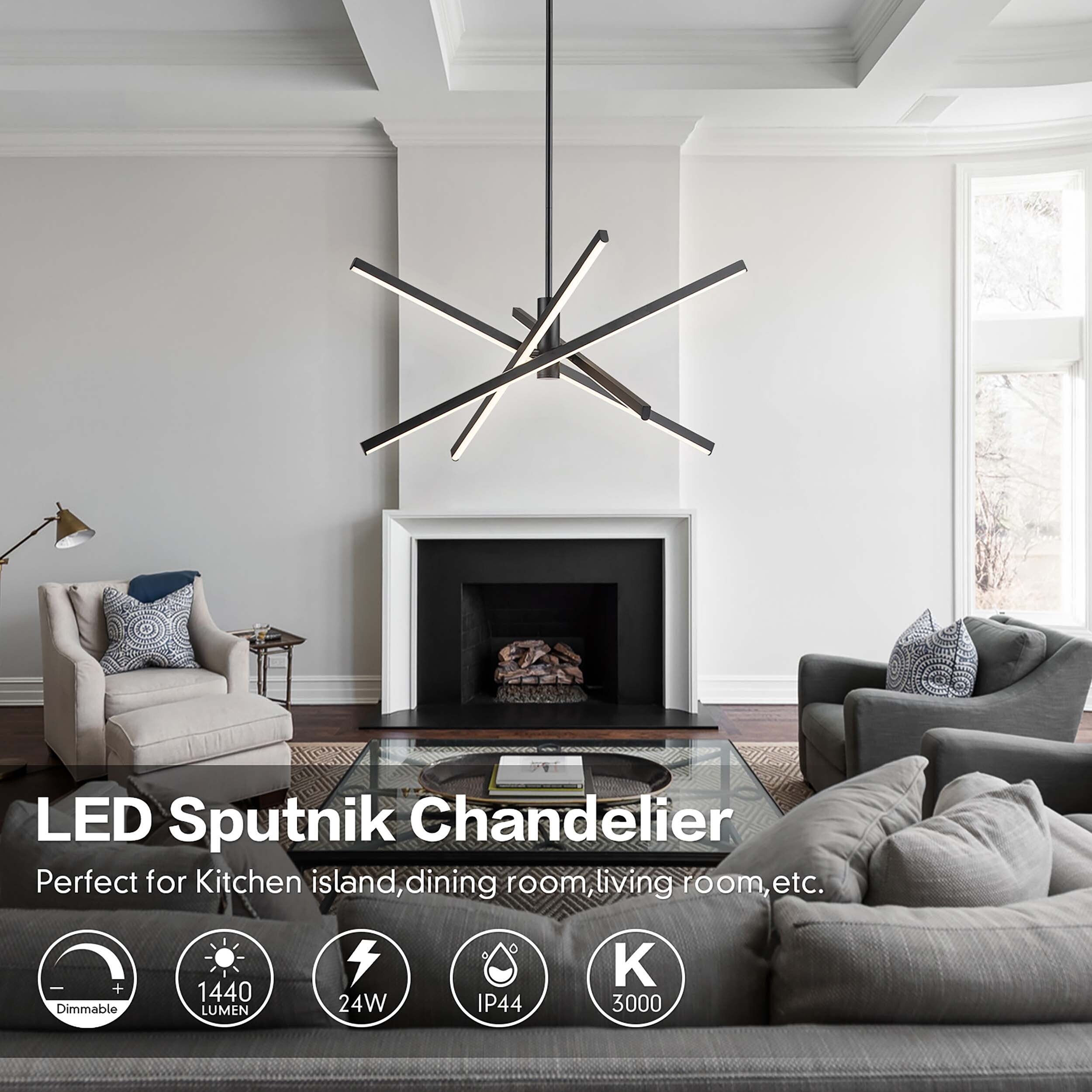 Moderne LED-Kronleuchter-Pendelleuchte aus schwarzem/goldenem Aluminium im linearen Sputnik-Stil für Wohn-/Esszimmer/Küche