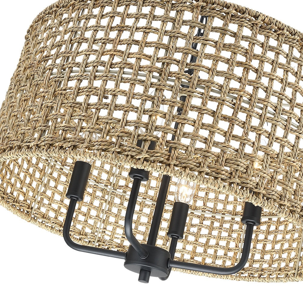 4-flammiger, handgewebter Kronleuchter im böhmischen Stil – Stroh – 50,8 cm breit