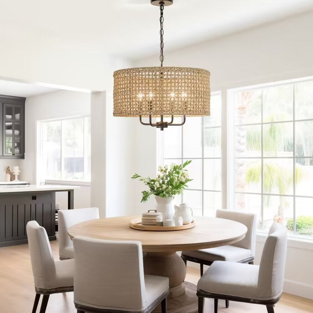 4-flammiger, handgewebter Kronleuchter im böhmischen Stil – Stroh – 50,8 cm breit