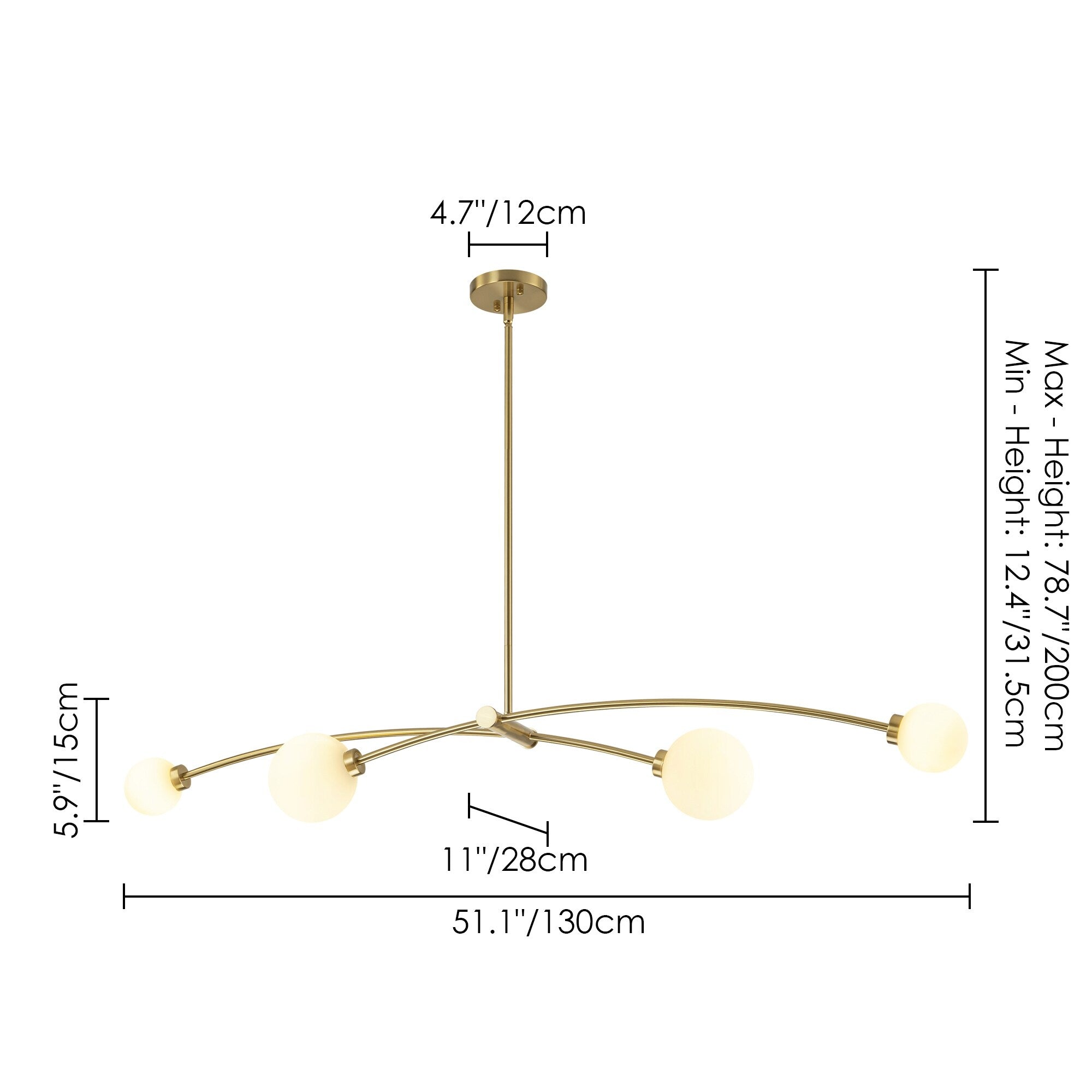 Moderne, vierflammige, goldene Sputnik-Pendelleuchte im schlichten, linearen Design – ideal für Kücheninsel oder Esszimmer – 130 cm B x 28 cm T x 15 cm H