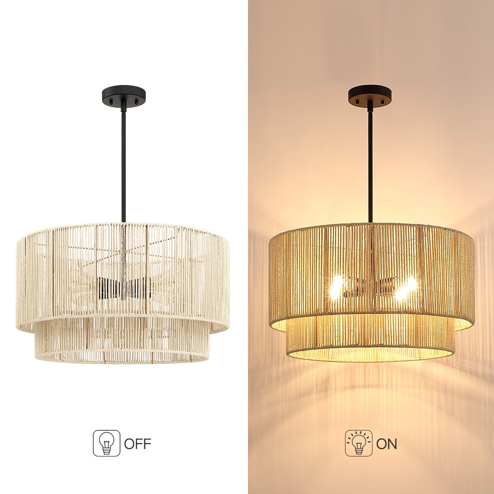 4-flammiger, gestufter Rattan-Trommel-Kronleuchter mit schwarzem Baldachin – 22 Zoll breit