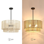 4-flammiger, gestufter Rattan-Trommel-Kronleuchter mit schwarzem Baldachin – 22 Zoll breit