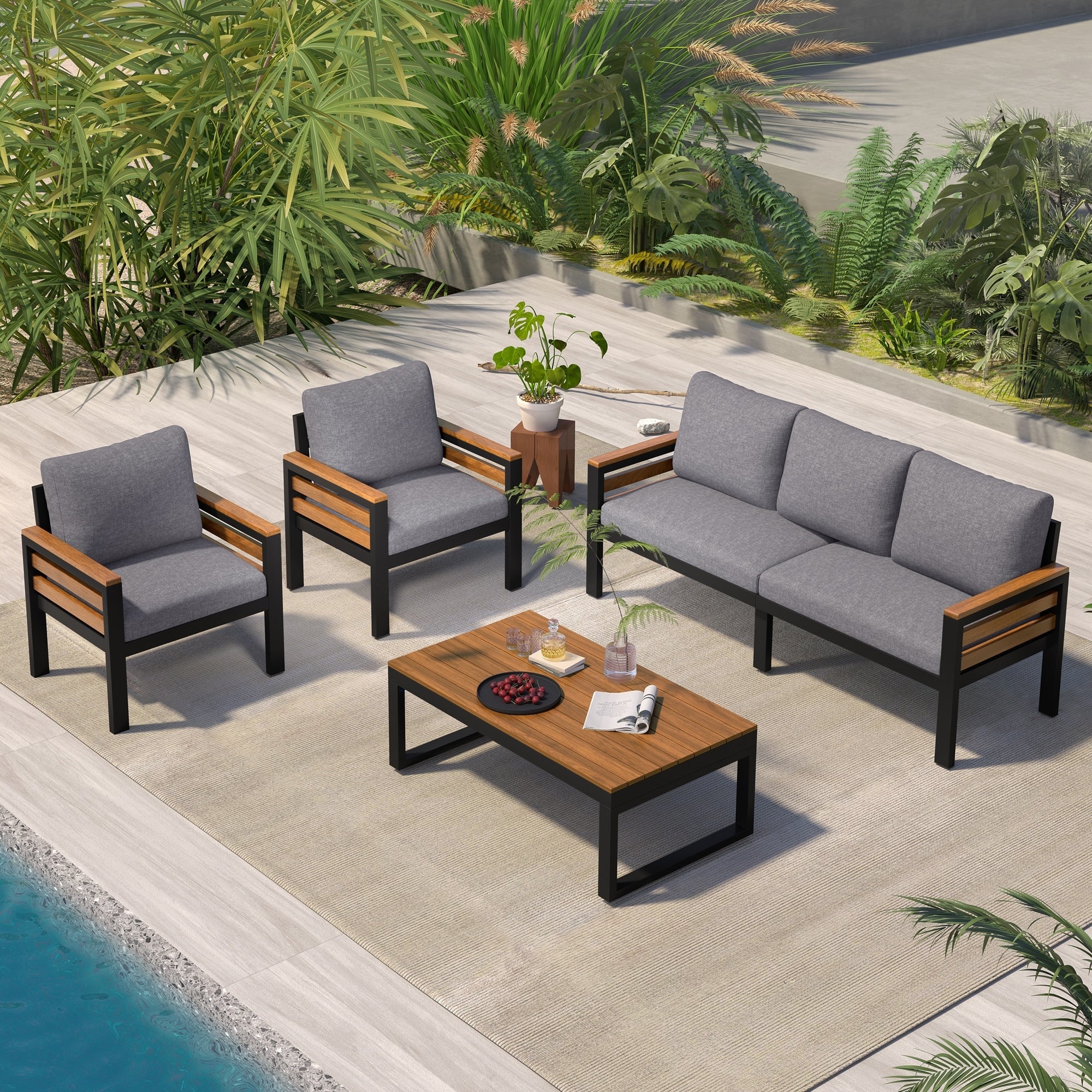 4-teiliges Outdoor-Sofa-Set für 5 Personen mit abnehmbaren Kissen und Couchtisch aus Massivholz