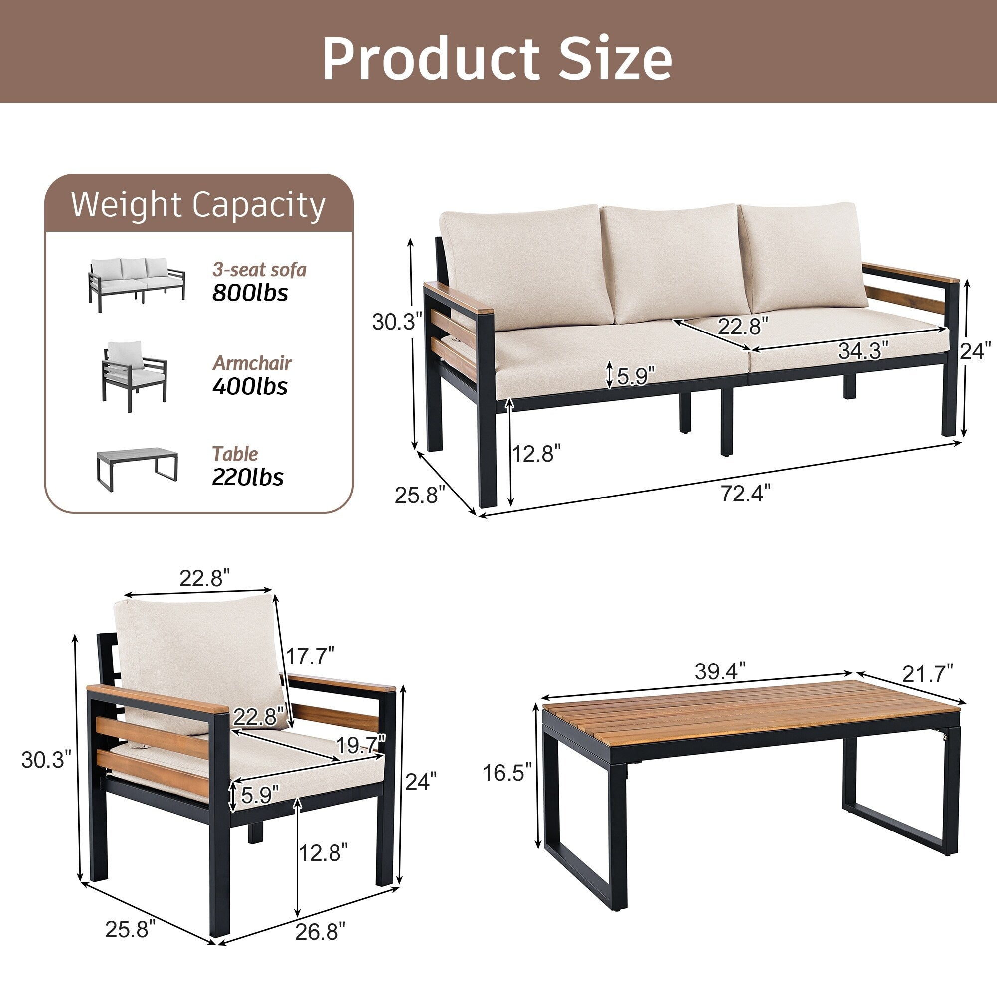 4-teiliges Outdoor-Sofa-Set für 5 Personen mit abnehmbaren Kissen und Couchtisch aus Massivholz