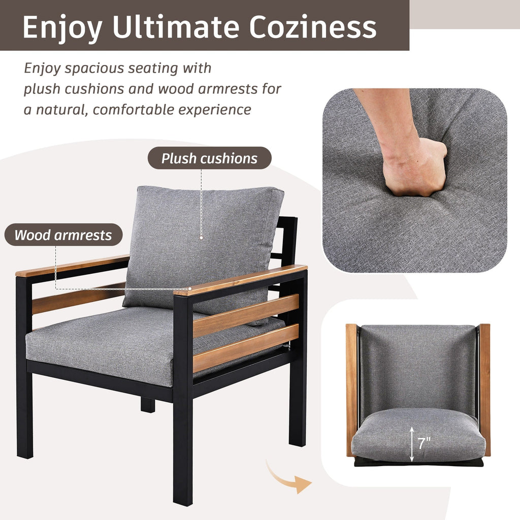 4-teiliges Outdoor-Sofa-Set für 5 Personen mit abnehmbaren Kissen und Couchtisch aus Massivholz