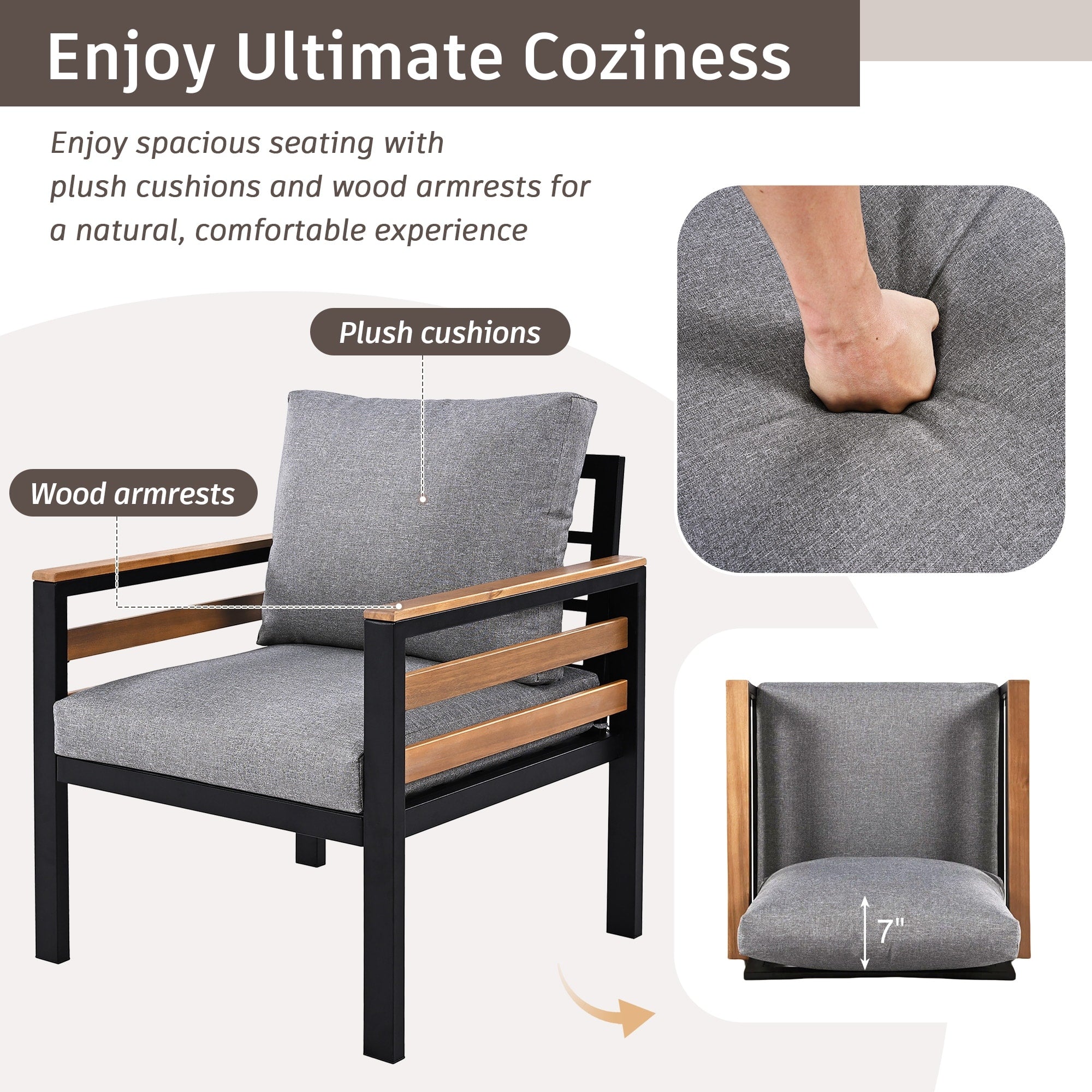 4-teiliges Outdoor-Sofa-Set für 5 Personen mit abnehmbaren Kissen und Couchtisch aus Massivholz