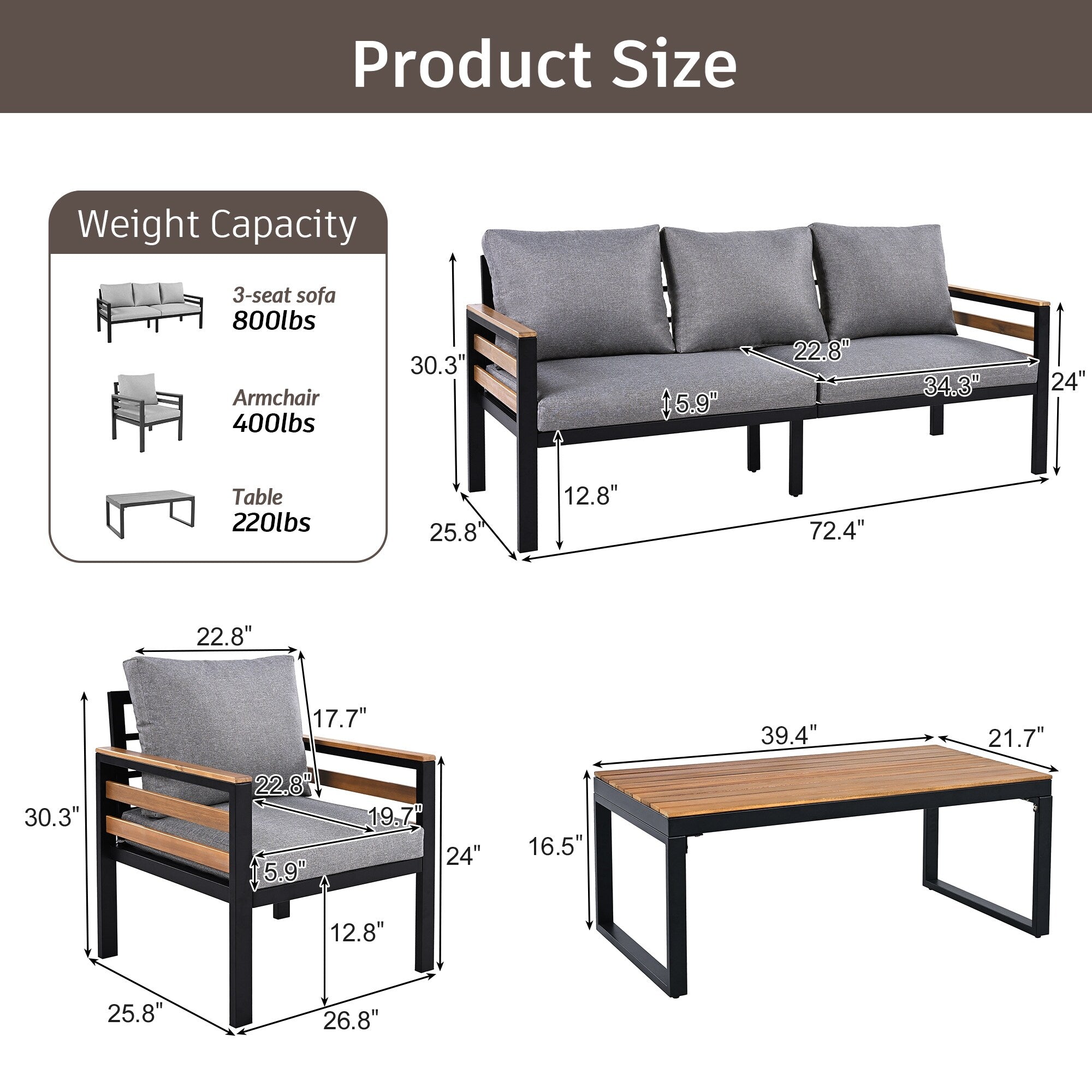4-teiliges Outdoor-Sofa-Set für 5 Personen mit abnehmbaren Kissen und Couchtisch aus Massivholz