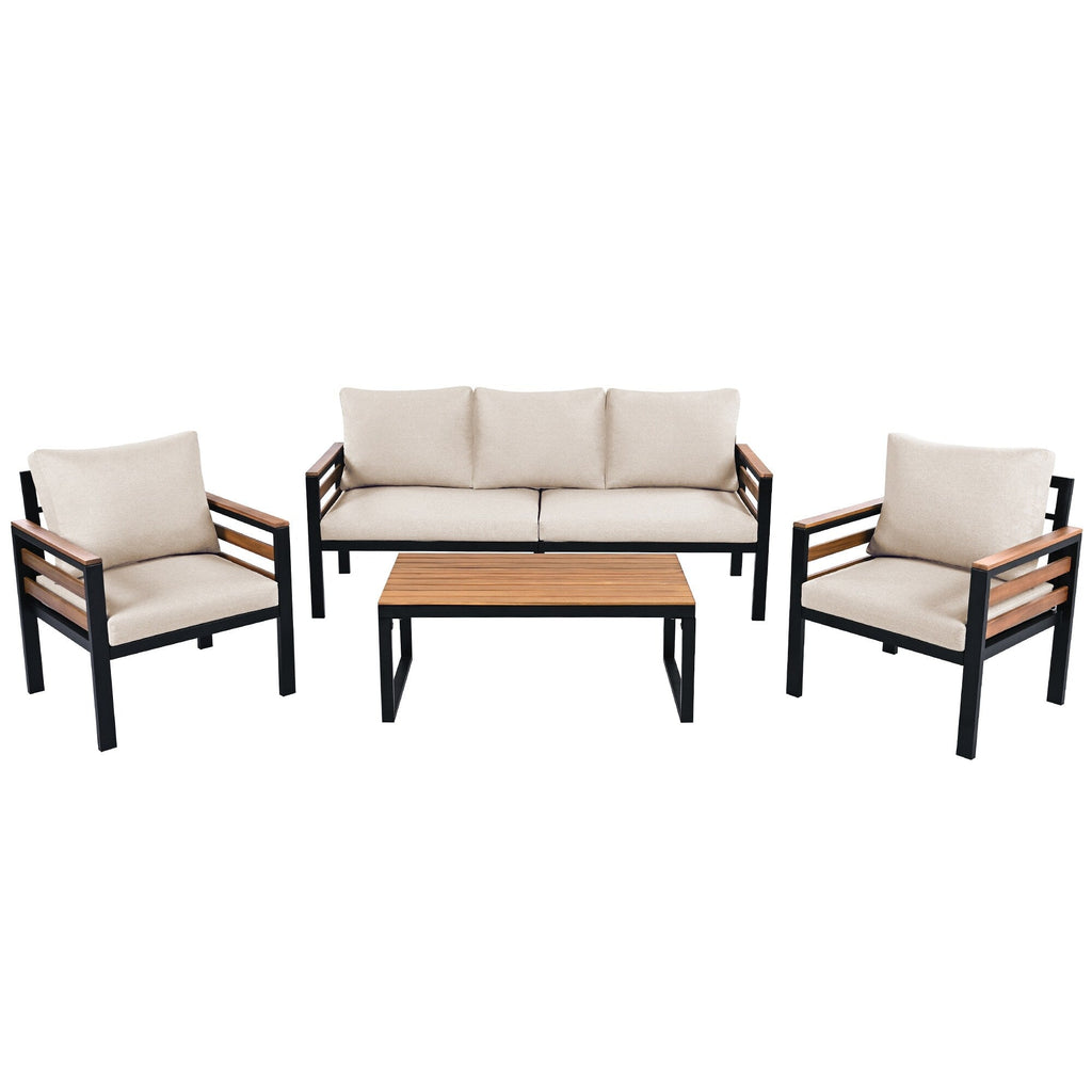 4-teiliges Outdoor-Sofa-Set für 5 Personen mit abnehmbaren Kissen und Couchtisch aus Massivholz