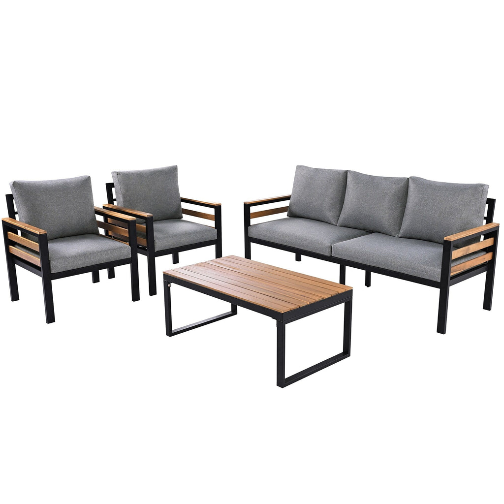 4-teiliges Outdoor-Sofa-Set für 5 Personen mit abnehmbaren Kissen und Couchtisch aus Massivholz