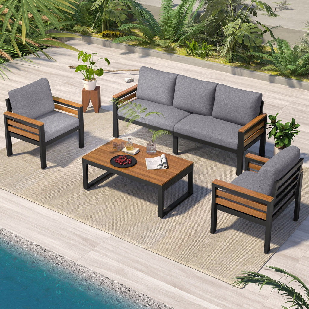 4-teiliges Outdoor-Sofa-Set für 5 Personen mit abnehmbaren Kissen und Couchtisch aus Massivholz