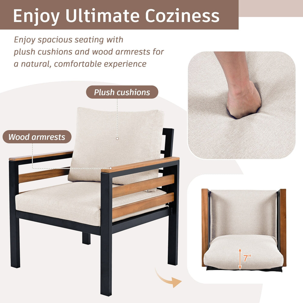 4-teiliges Outdoor-Sofa-Set für 5 Personen mit abnehmbaren Kissen und Couchtisch aus Massivholz