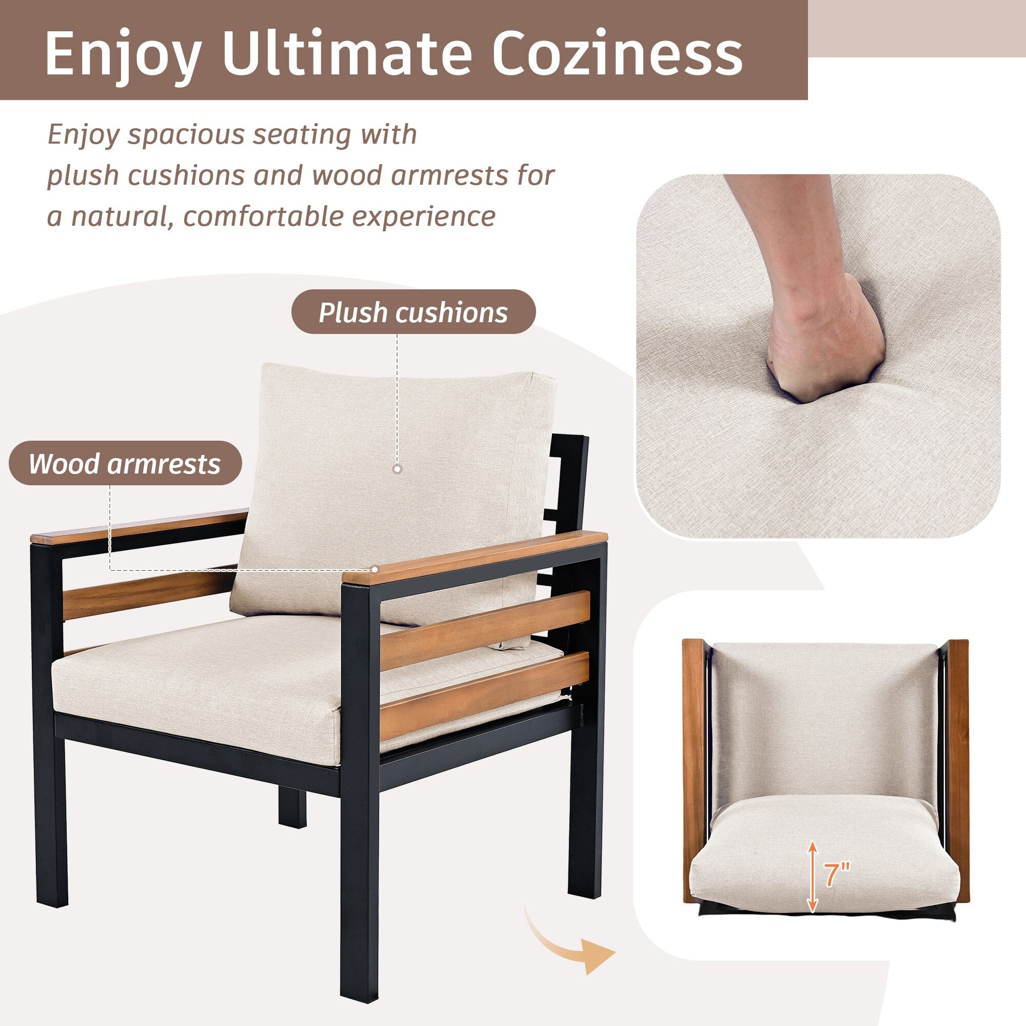 4-teiliges Outdoor-Sofa-Set für 5 Personen mit abnehmbaren Kissen und Couchtisch aus Massivholz