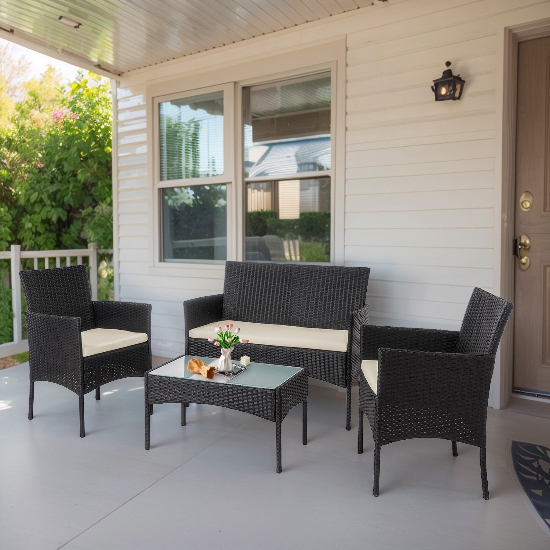 4-teiliges Gartenmöbel-Set aus Rattan, Outdoor-Rattan-Eckmöbel-Set mit Kissen