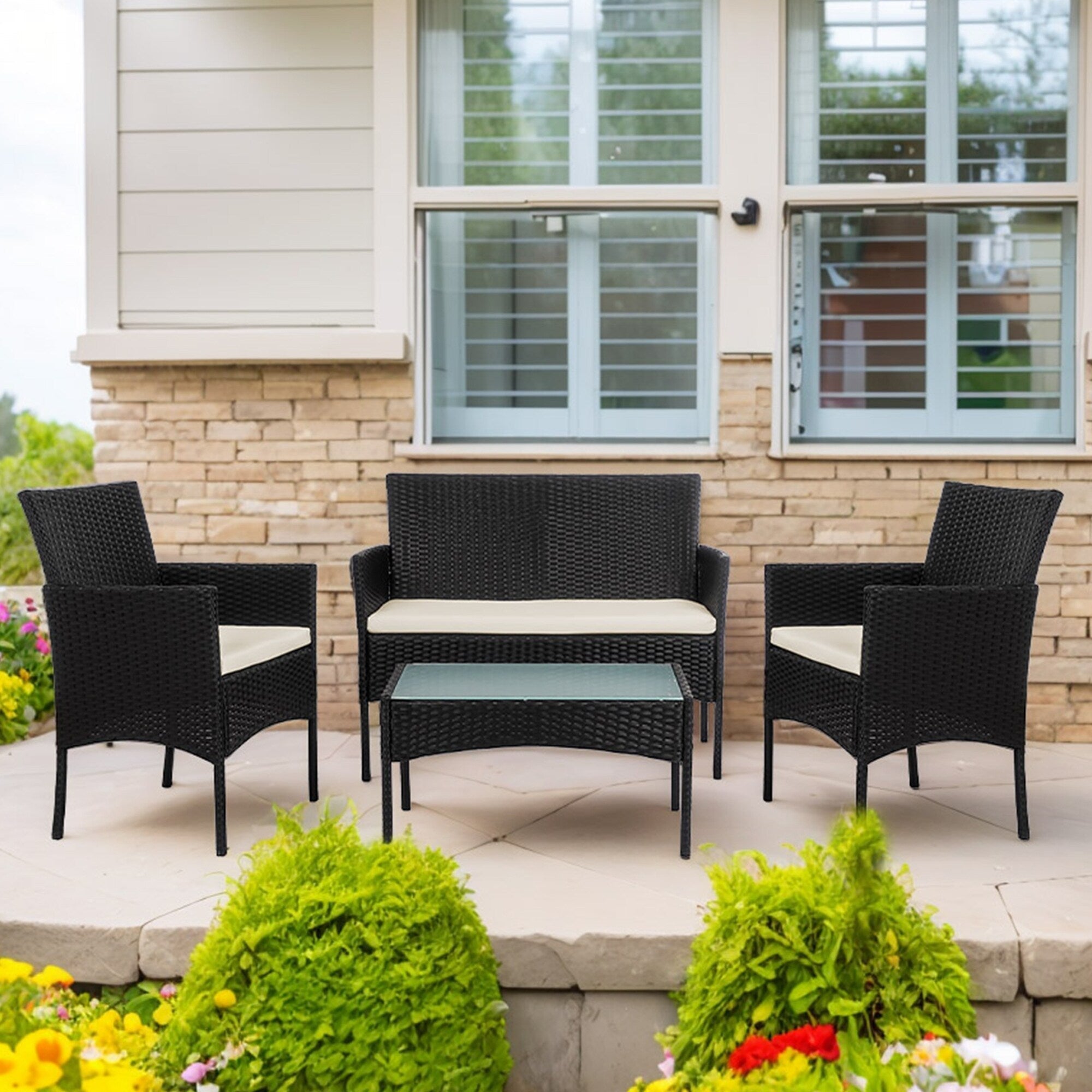 4-teiliges Gartenmöbel-Set aus Rattan, Outdoor-Rattan-Eckmöbel-Set mit Kissen