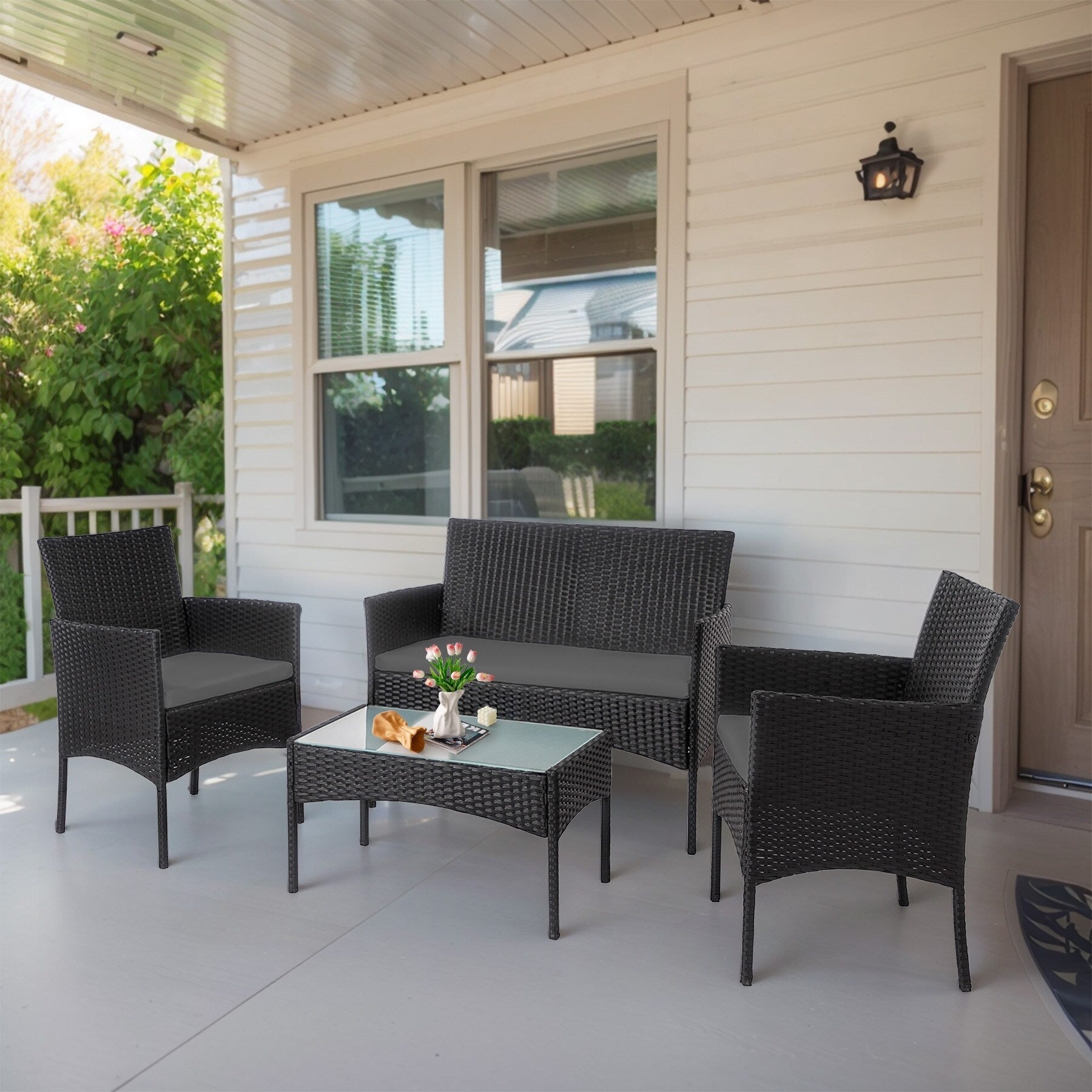 4-teiliges Gartenmöbel-Set aus Rattan, Outdoor-Rattan-Eckmöbel-Set mit Kissen