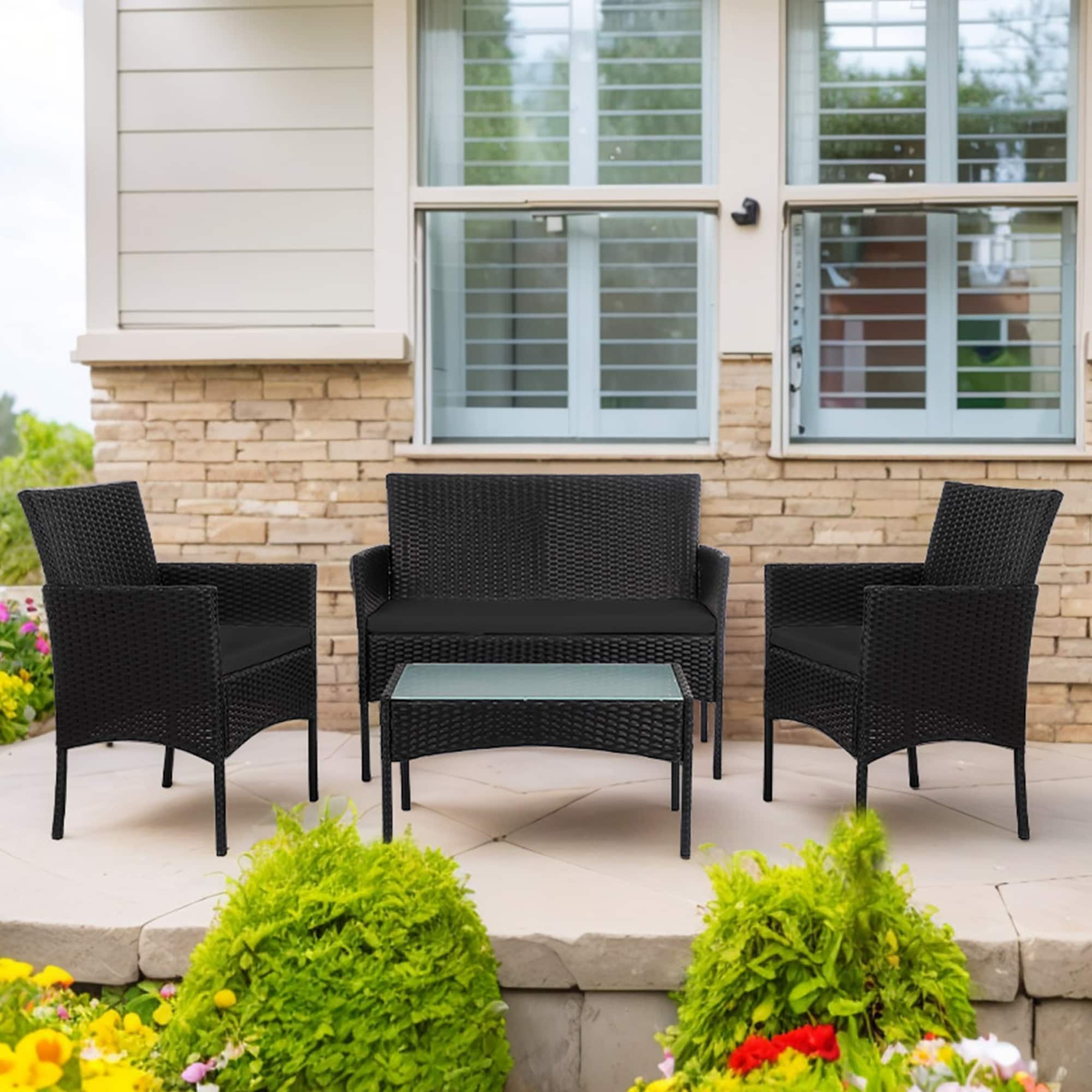 4-teiliges Gartenmöbel-Set aus Rattan, Outdoor-Rattan-Eckmöbel-Set mit Kissen