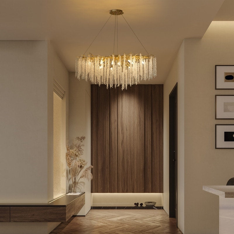 40 Zoll großer, moderner goldener Kristall-Kronleuchter in Baumzweigform, rechteckig, als Pendelleuchte für Kücheninseln im Esszimmer geeignet.