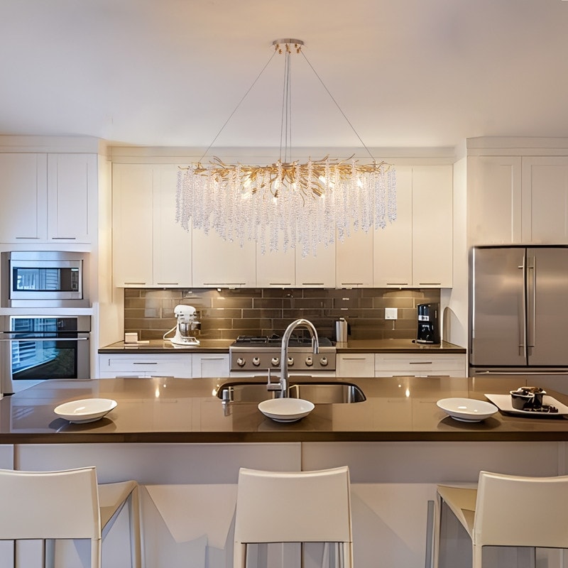 40 Zoll großer, moderner goldener Kristall-Kronleuchter in Baumzweigform, rechteckig, als Pendelleuchte für Kücheninseln im Esszimmer geeignet.