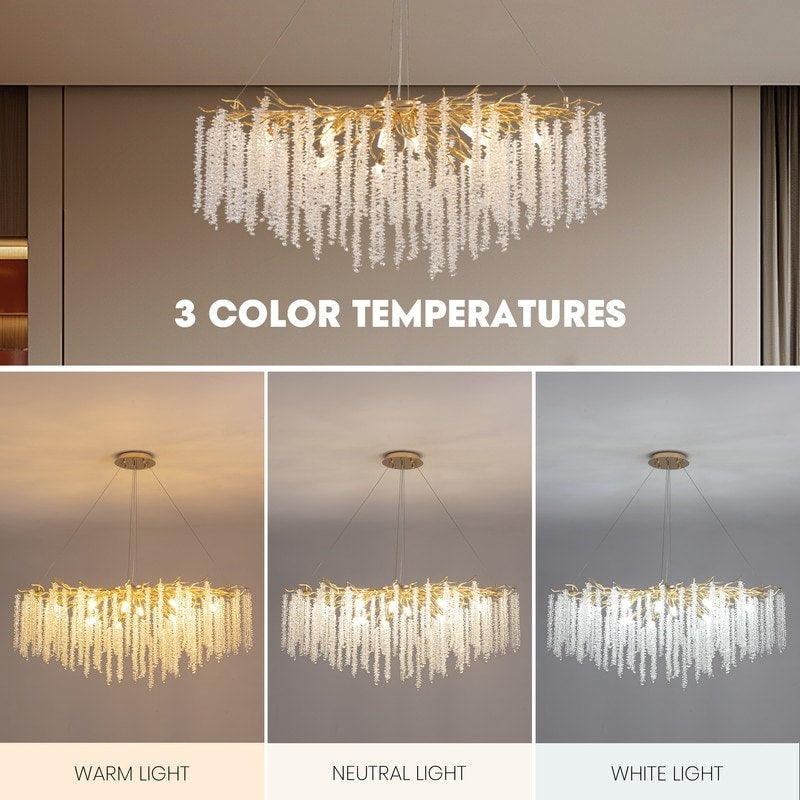 40 Zoll großer, moderner goldener Kristall-Kronleuchter in Baumzweigform, rechteckig, als Pendelleuchte für Kücheninseln im Esszimmer geeignet.