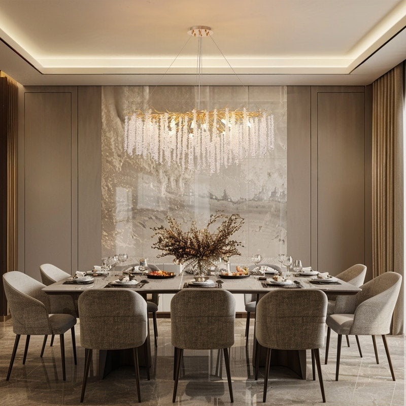 40 Zoll großer, moderner goldener Kristall-Kronleuchter in Baumzweigform, rechteckig, als Pendelleuchte für Kücheninseln im Esszimmer geeignet.