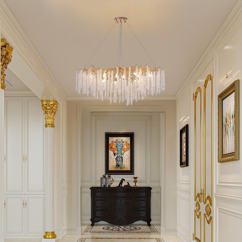 40 Zoll großer, moderner goldener Kristall-Kronleuchter in Baumzweigform, rechteckig, als Pendelleuchte für Kücheninseln im Esszimmer geeignet.