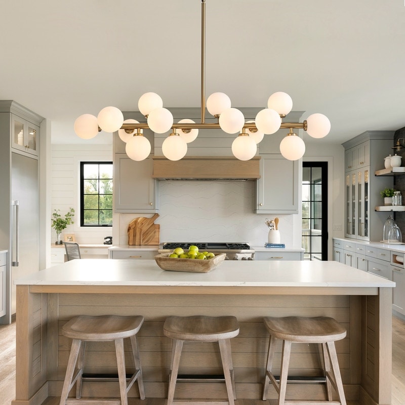 40 Zoll (ca. 102 cm) langer, linearer Kronleuchter im Mid-Century-Modern-Stil mit 16 Leuchten, goldfarbenem Messing, Sputnik-Pendelleuchte mit mattiertem Glaskugel für das Esszimmer