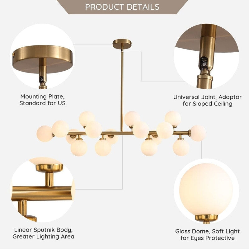 40 Zoll (ca. 102 cm) langer, linearer Kronleuchter im Mid-Century-Modern-Stil mit 16 Leuchten, goldfarbenem Messing, Sputnik-Pendelleuchte mit mattiertem Glaskugel für das Esszimmer
